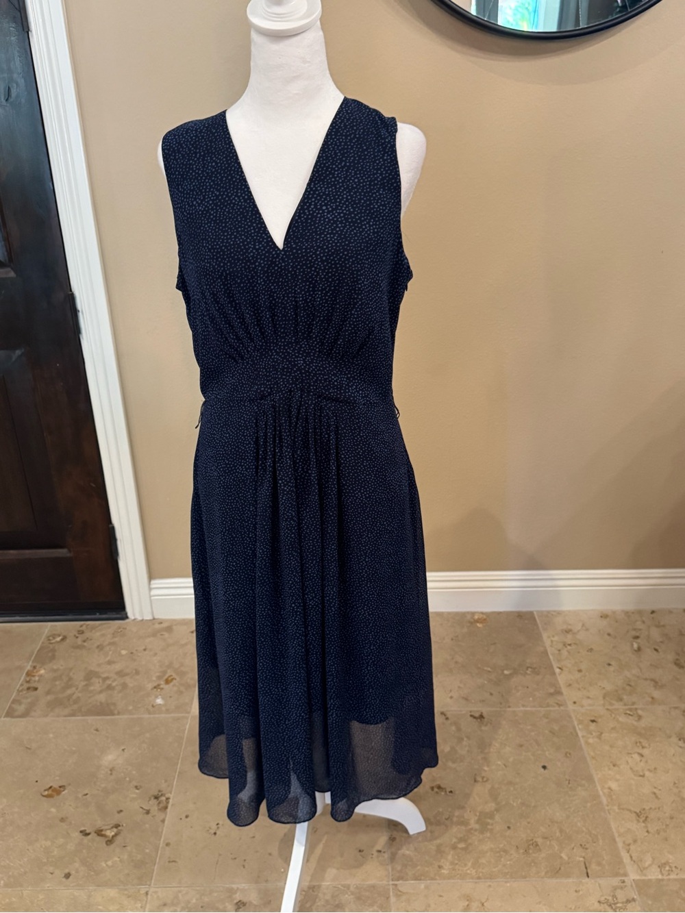 Anne Klein Navy Sleeveless V-Neck Midi Dress with Micro Dot